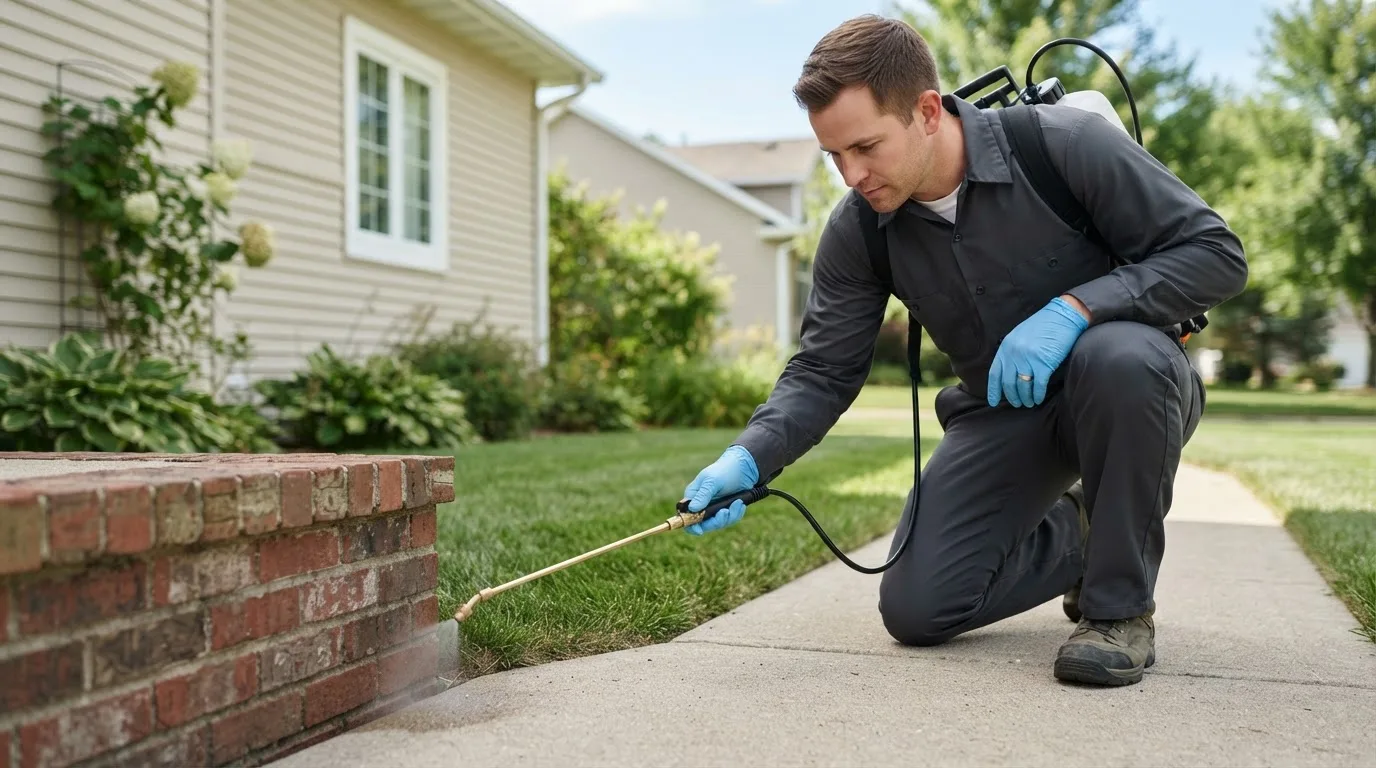 Pest control technician treating a home near Hatley, WI